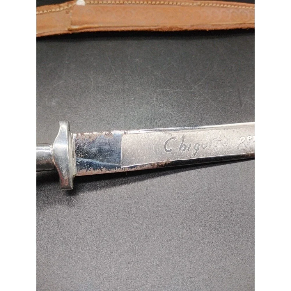 Vintage 9” Mexican Souvenir Dagger Aluminum Tribal Handle Engraved Blade Sheath